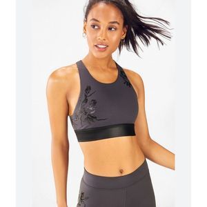 Fabletics Ella High Impact Sports Bra III Gray and Black with Floral Pattern Med